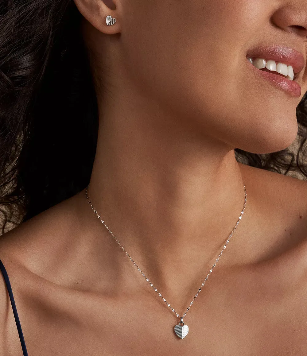 Fossil Harlow Heart To Heart Stainless Steel Pendant Necklace and Earrings Set