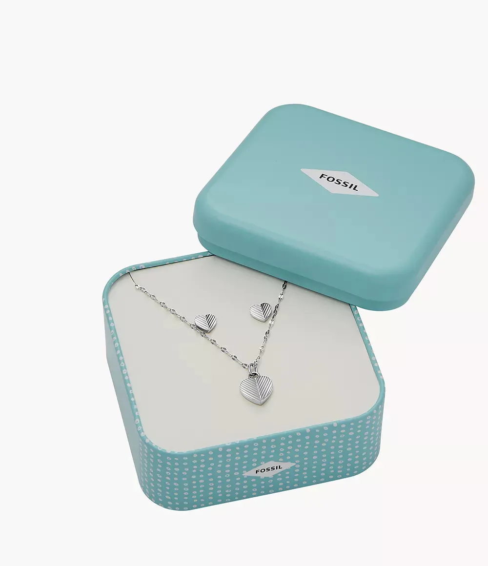 Fossil Harlow Heart To Heart Stainless Steel Pendant Necklace and Earrings Set