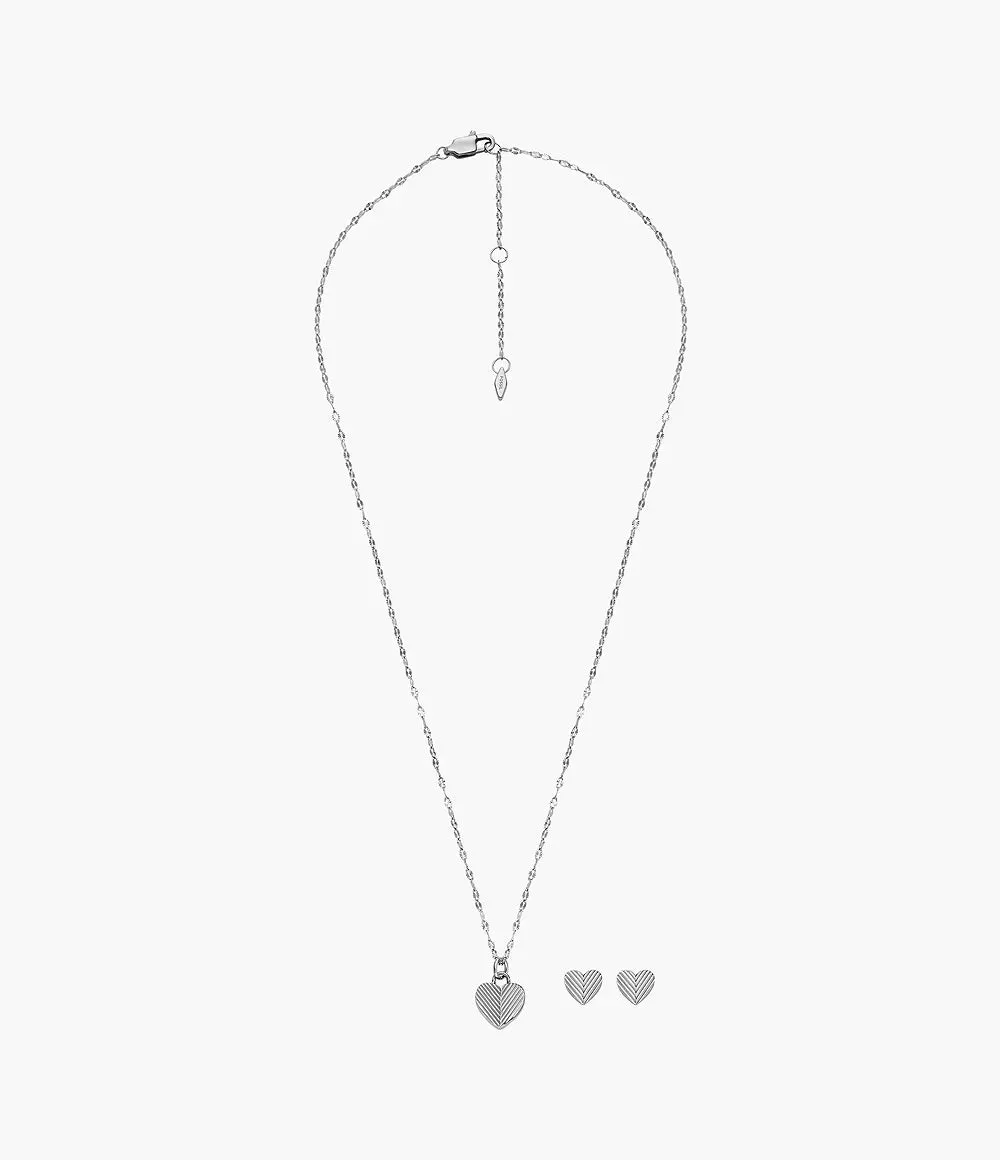 Fossil Harlow Heart To Heart Stainless Steel Pendant Necklace and Earrings Set