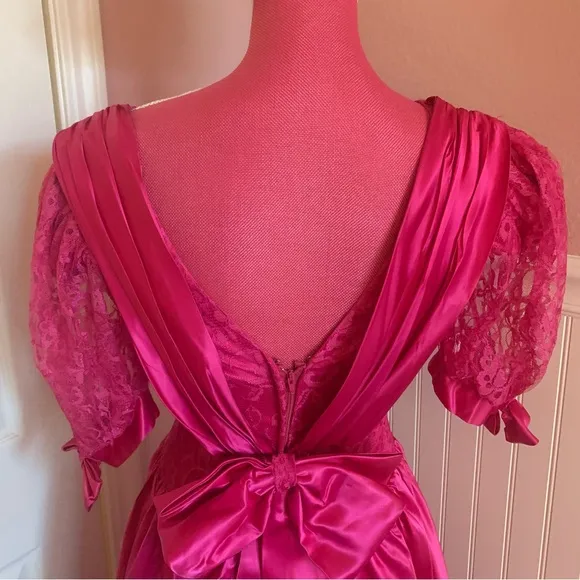 Fuchsia 80’s Unbranded Satin and Lace High-Low Dress with Lace Poofy Sleeves