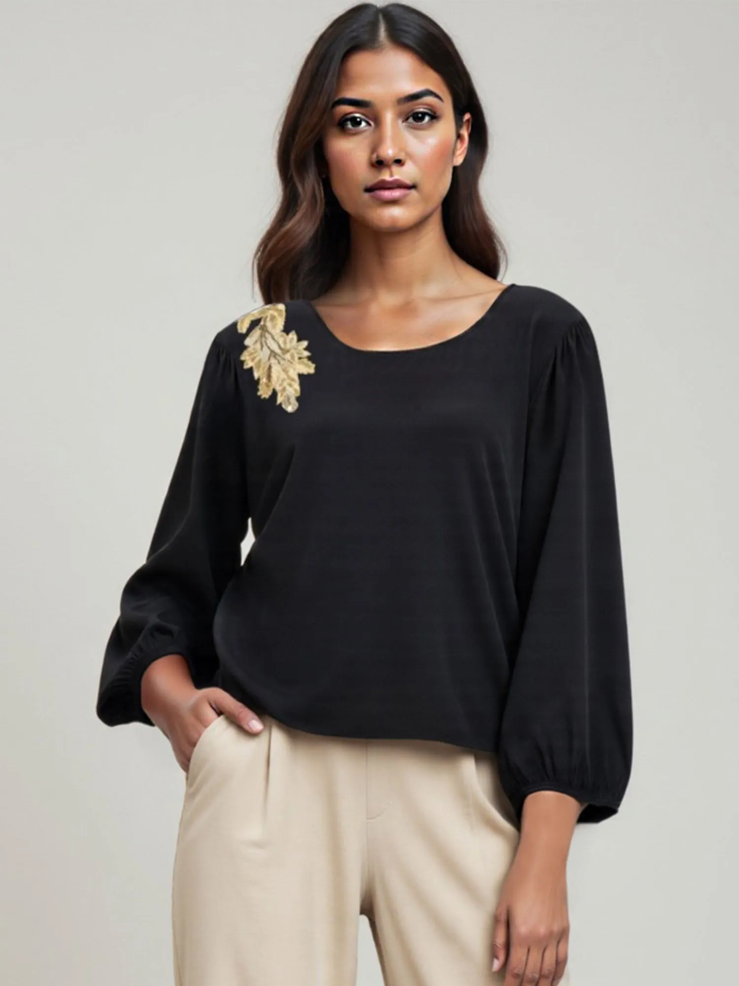 Gold Applique Balloon Sleeve Blouse
