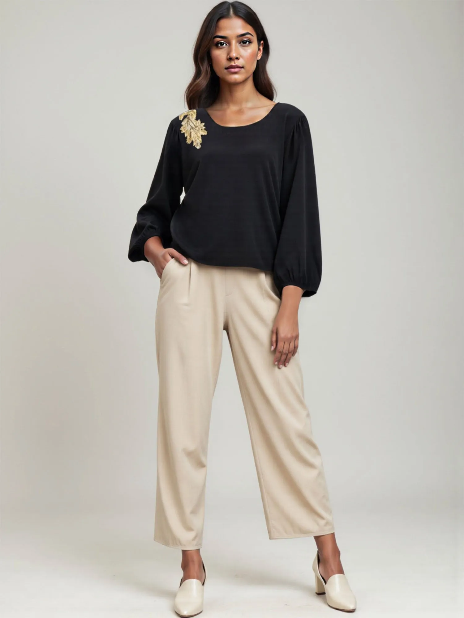 Gold Applique Balloon Sleeve Blouse