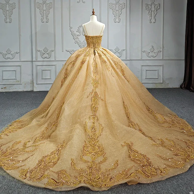 Gold Beading Formal Long Evening Dress Spaghetti Straps Ball Gown