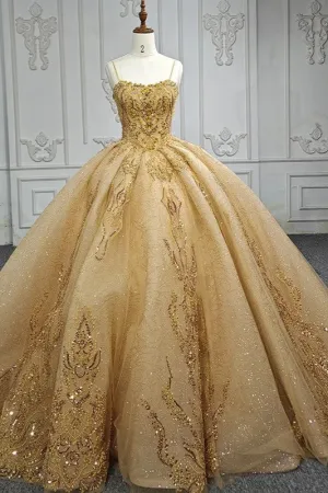 Gold Beading Formal Long Evening Dress Spaghetti Straps Ball Gown