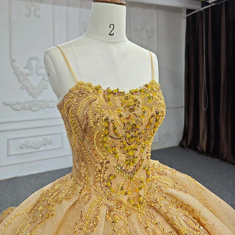 Gold Beading Formal Long Evening Dress Spaghetti Straps Ball Gown