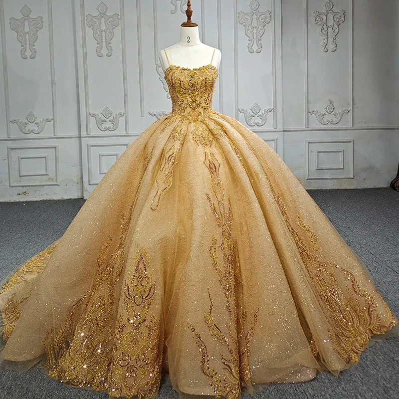 Gold Beading Formal Long Evening Dress Spaghetti Straps Ball Gown