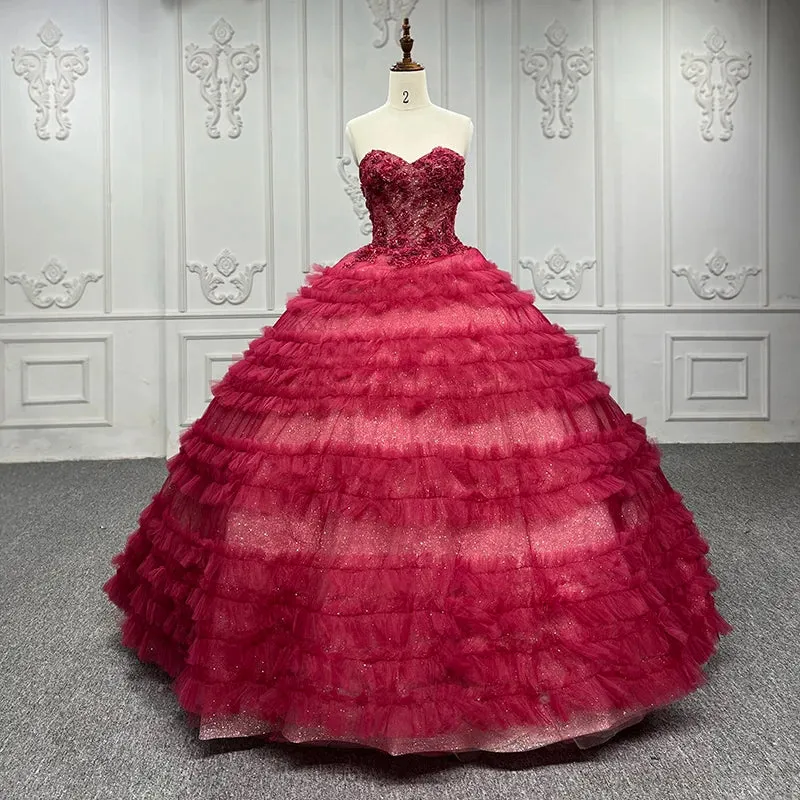 Gorgeous Red Quinceanera Dress Sleeveless Ball Gown Evening Dress with Flowers Appliques