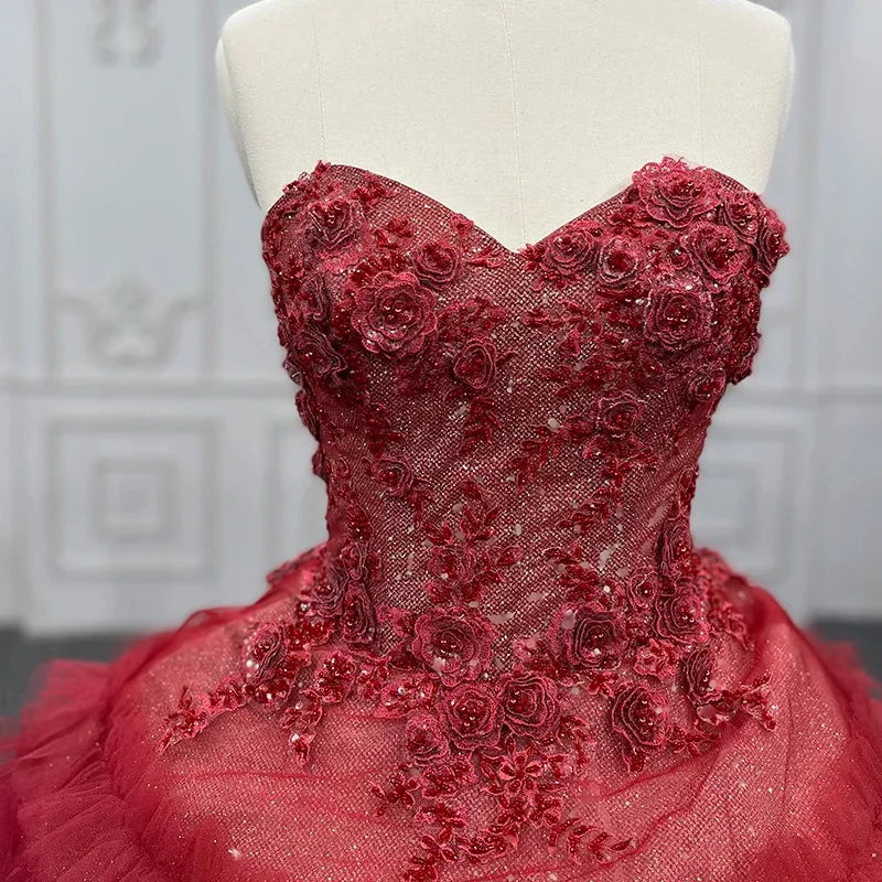 Gorgeous Red Quinceanera Dress Sleeveless Ball Gown Evening Dress with Flowers Appliques