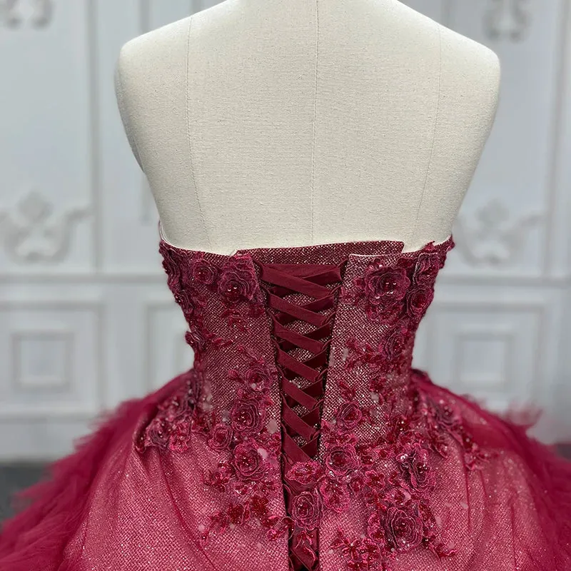 Gorgeous Red Quinceanera Dress Sleeveless Ball Gown Evening Dress with Flowers Appliques