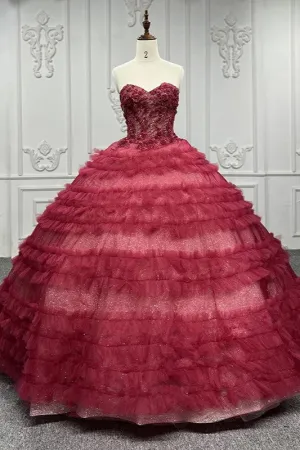 Gorgeous Red Quinceanera Dress Sleeveless Ball Gown Evening Dress with Flowers Appliques