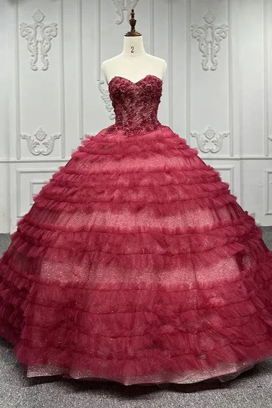 Gorgeous Red Quinceanera Dress Sleeveless Ball Gown Evening Dress with Flowers Appliques