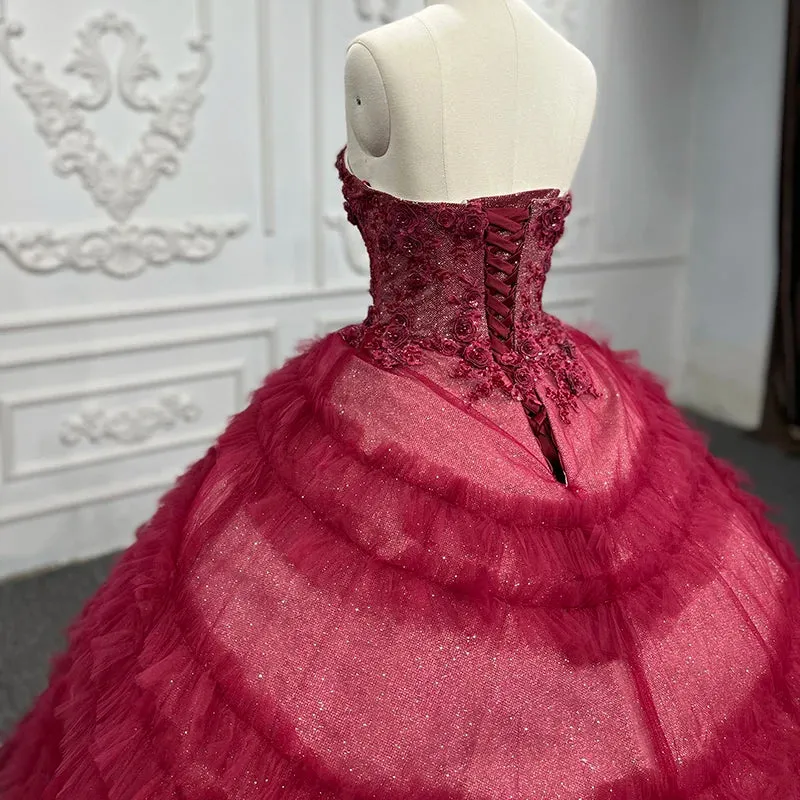 Gorgeous Red Quinceanera Dress Sleeveless Ball Gown Evening Dress with Flowers Appliques
