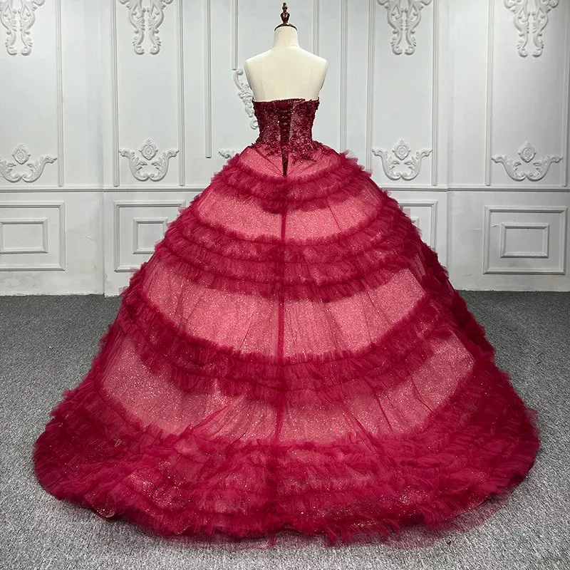 Gorgeous Red Quinceanera Dress Sleeveless Ball Gown Evening Dress with Flowers Appliques