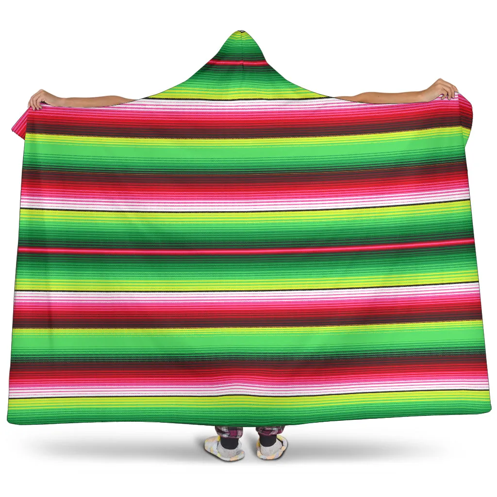 Green and Red Serape Style Hooded Blanket With Tan Sherpa Lining