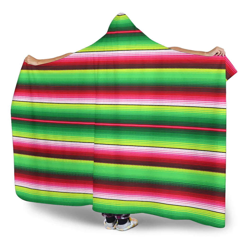 Green and Red Serape Style Hooded Blanket With Tan Sherpa Lining