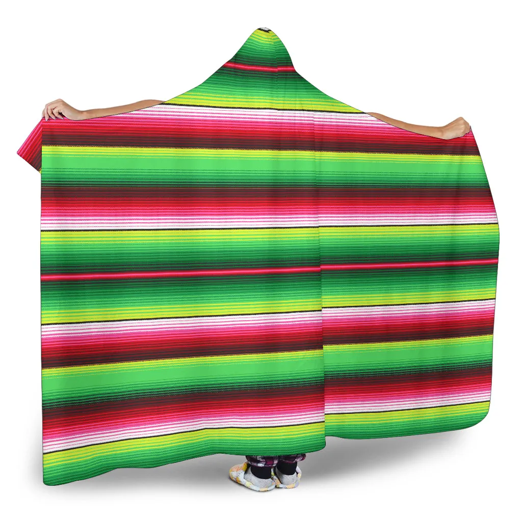 Green and Red Serape Style Hooded Blanket With Tan Sherpa Lining
