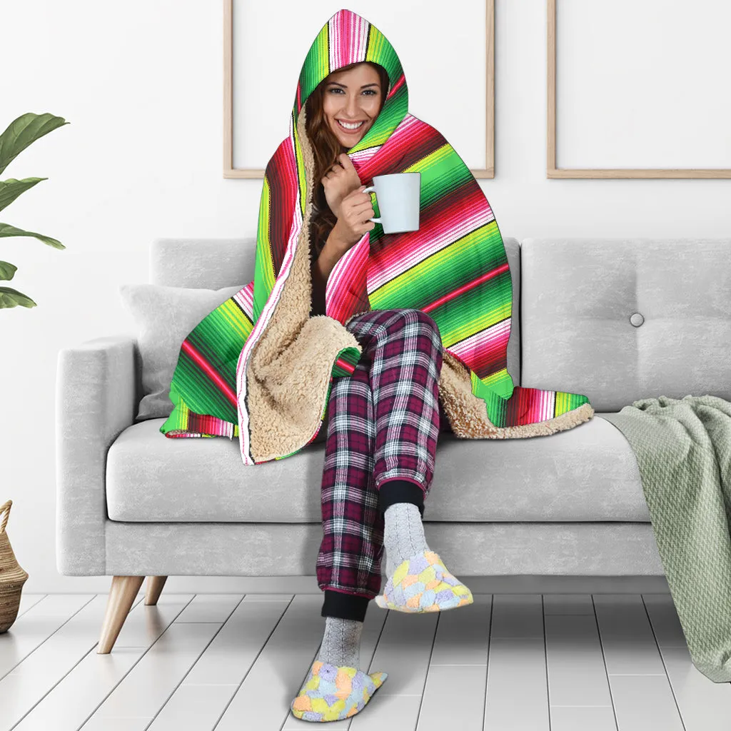 Green and Red Serape Style Hooded Blanket With Tan Sherpa Lining