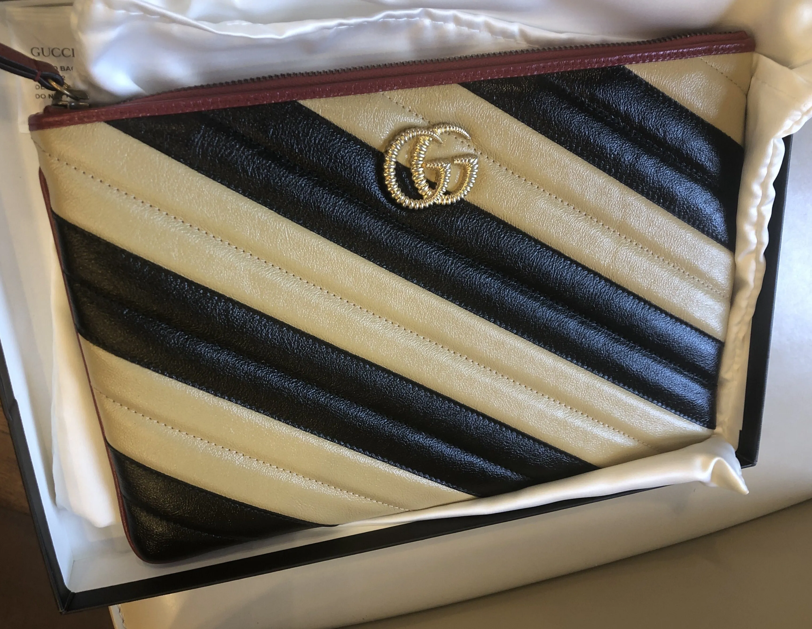 Gucci Calfskin GG Marmont Quilted Leather Pouch in Beige and Black