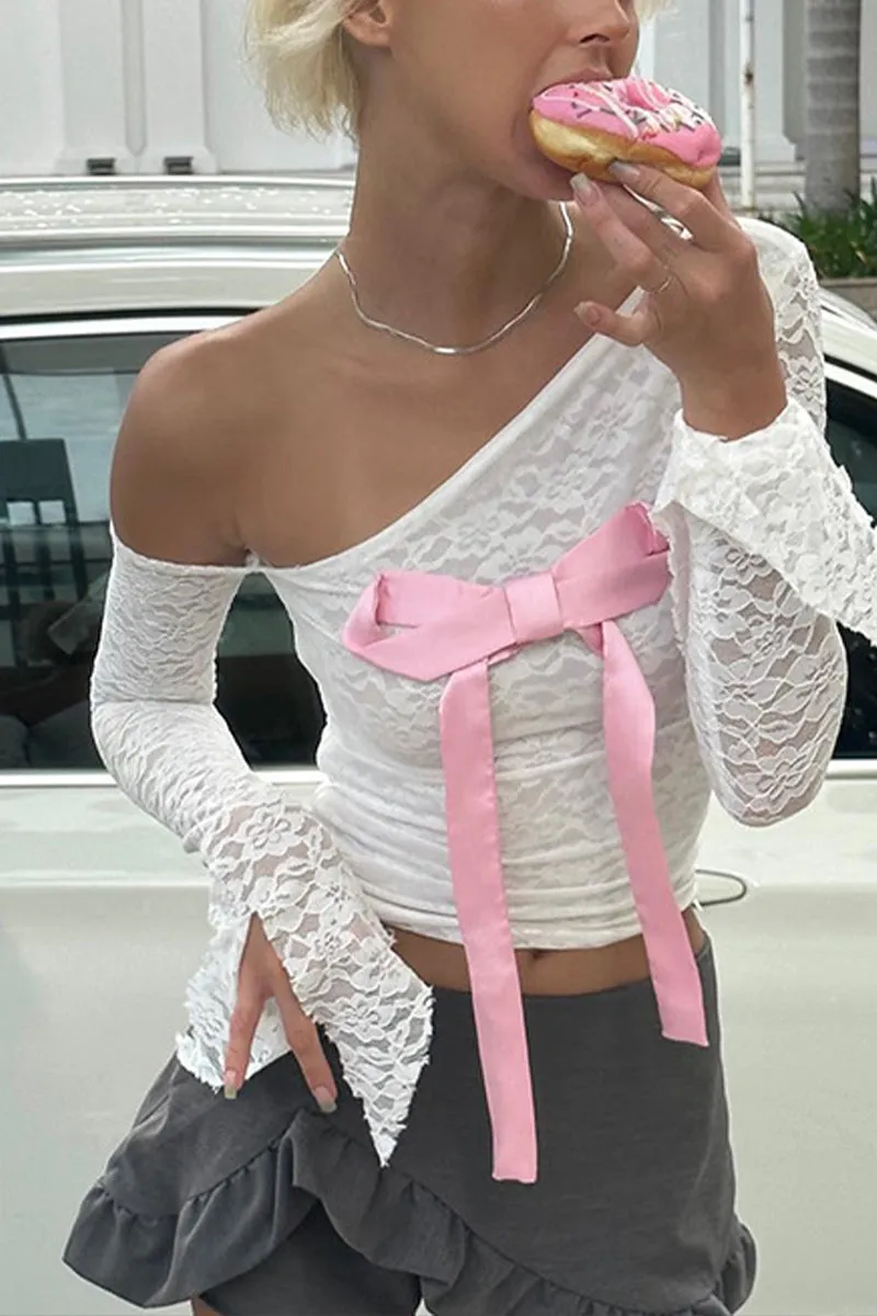 HTR1081 Asymmetric Lace Sleeve Top