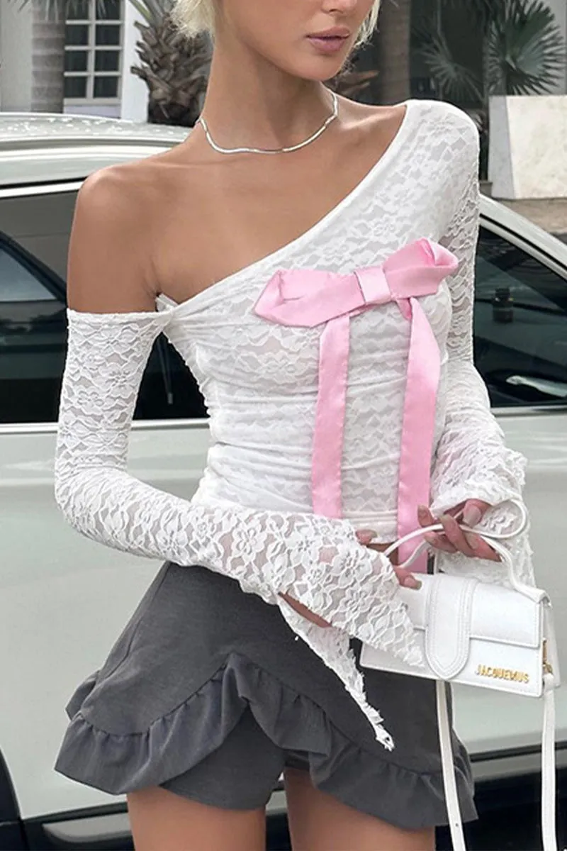 HTR1081 Asymmetric Lace Sleeve Top
