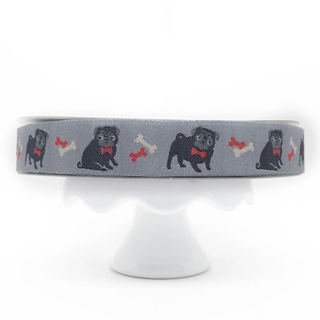 Jacquard Ribbon Black Pug on Grey by Jessica Jones