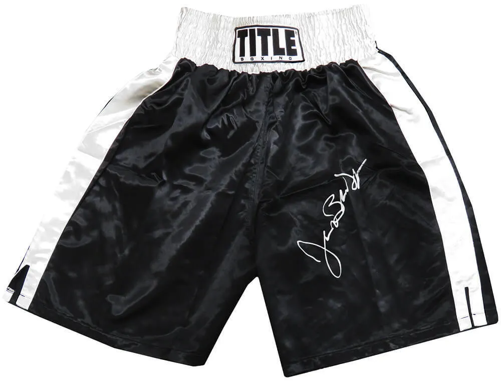 James Buster Douglas Signed Title Black & White Trim Boxing Trunks -SCHWARTZ COA