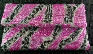 Joanna L'Huillier Shocking Pink Beaded Samapaguita Clutch Purse in Zebra Pattern