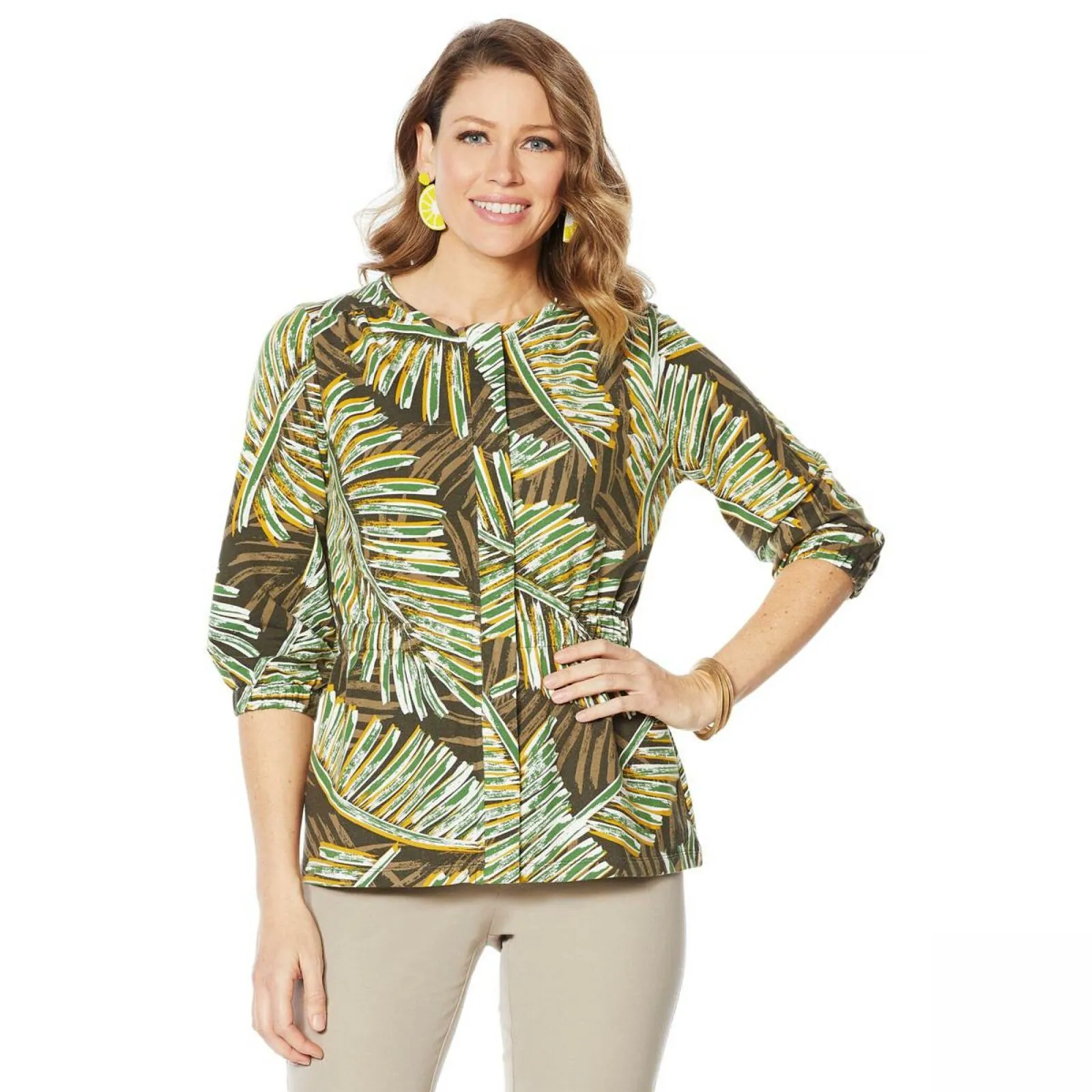 Lemon Way Women's French Terry Palm Print Peplum Jacket