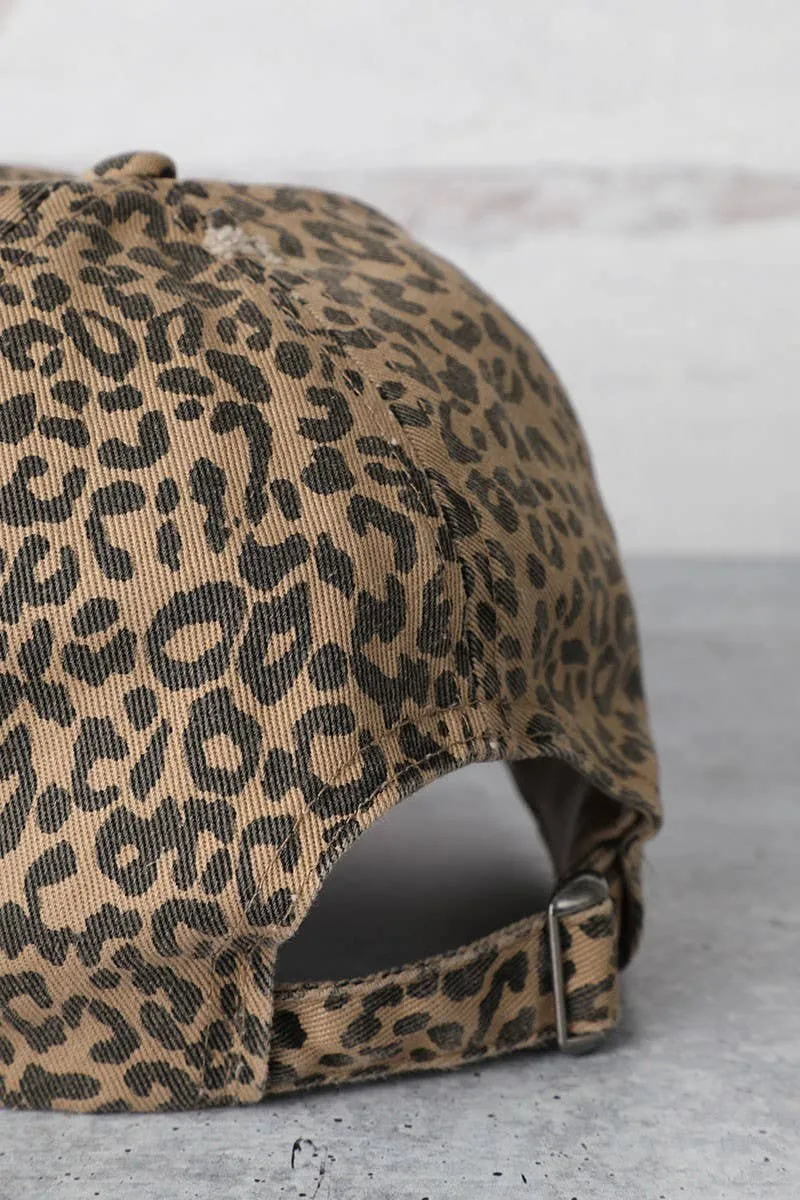 Leopard Distressed Cotton Baseball Cap: LEOPARD / One Size