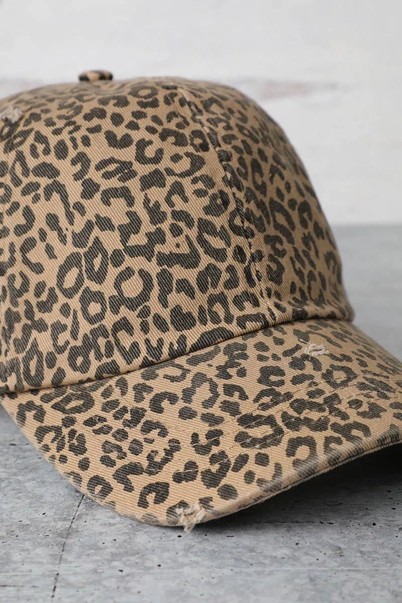 Leopard Distressed Cotton Baseball Cap: LEOPARD / One Size