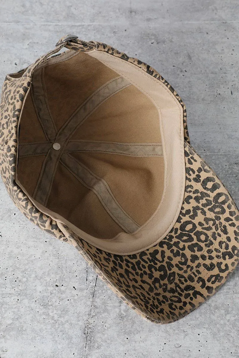 Leopard Distressed Cotton Baseball Cap: LEOPARD / One Size