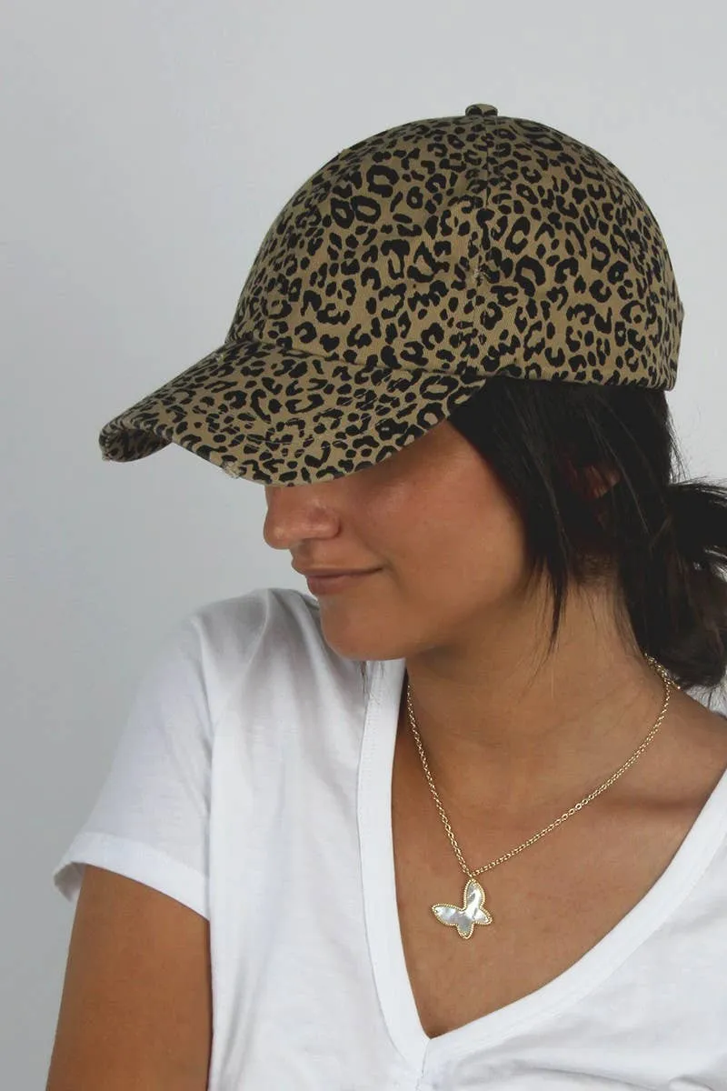 Leopard Distressed Cotton Baseball Cap: LEOPARD / One Size