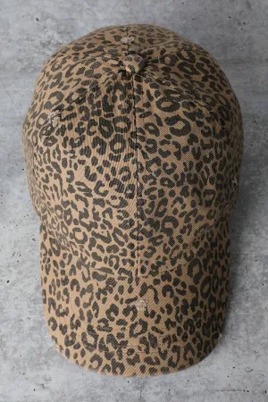 Leopard Distressed Cotton Baseball Cap: LEOPARD / One Size