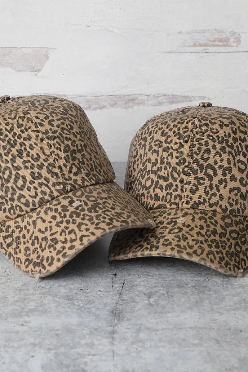 Leopard Distressed Cotton Baseball Cap: LEOPARD / One Size