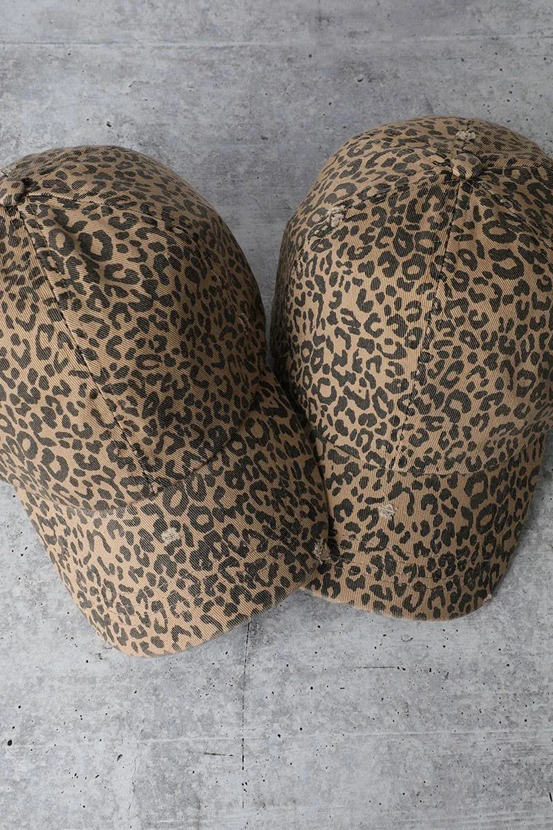 Leopard Distressed Cotton Baseball Cap: LEOPARD / One Size