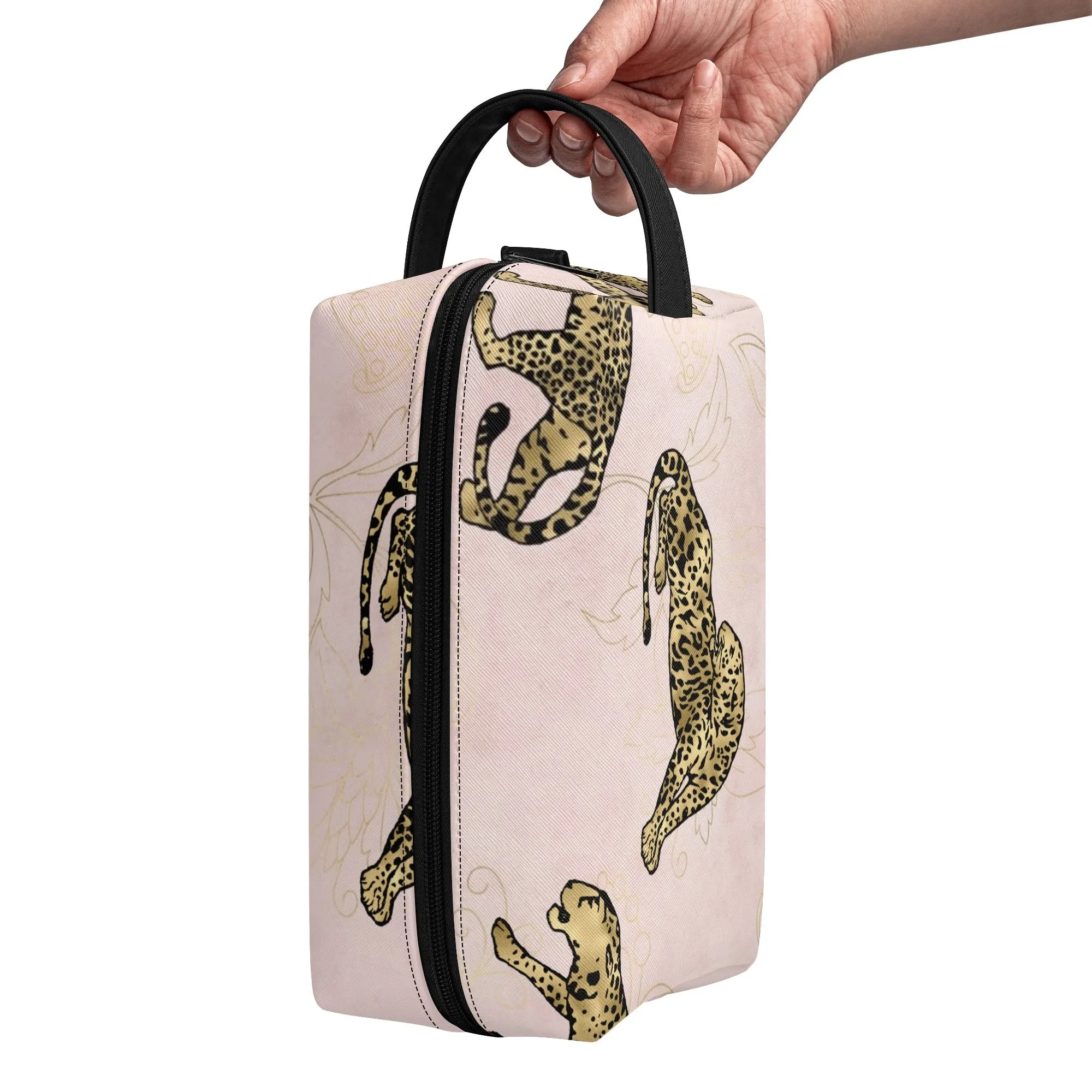 Leopard Print African Woman and Gold Leopard Graphic PU Leather Toiletries Bag