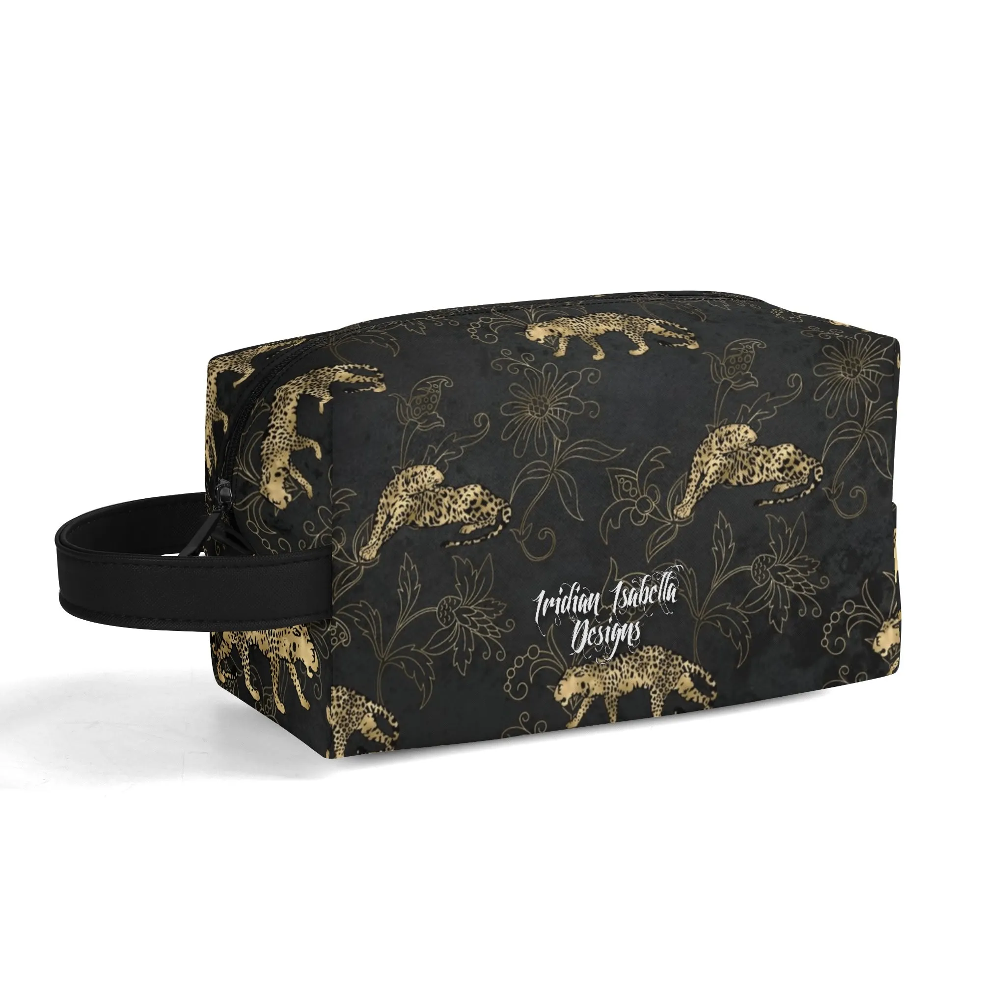 Leopard Print African Woman and Gold Leopard Graphic PU Leather Toiletries Bag