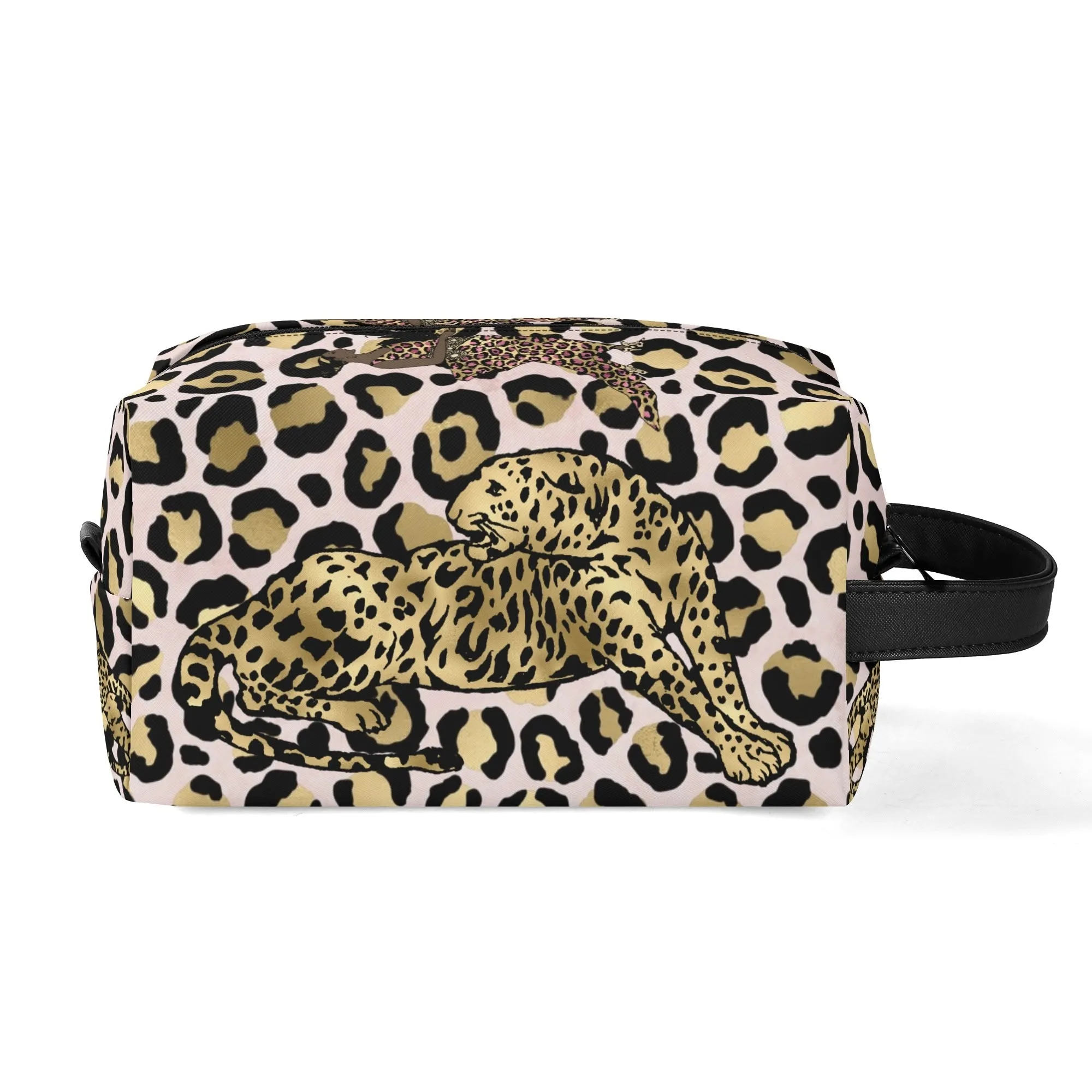 Leopard Print African Woman and Gold Leopard Graphic PU Leather Toiletries Bag