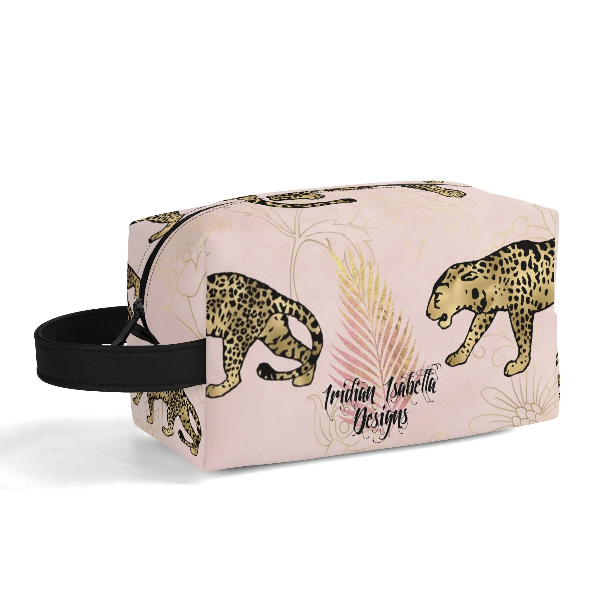 Leopard Print African Woman and Gold Leopard Graphic PU Leather Toiletries Bag