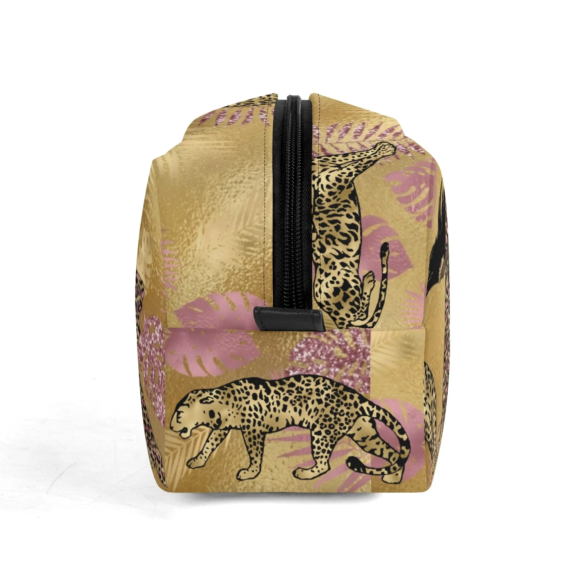 Leopard Print African Woman and Gold Leopard Graphic PU Leather Toiletries Bag