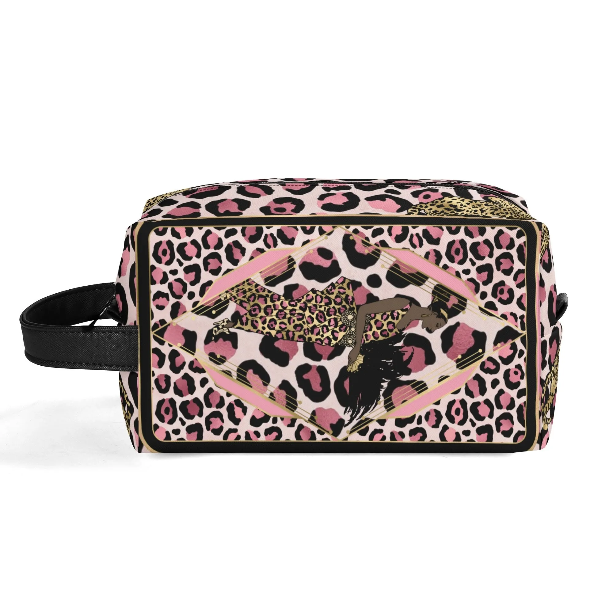 Leopard Print African Woman and Gold Leopard Graphic PU Leather Toiletries Bag