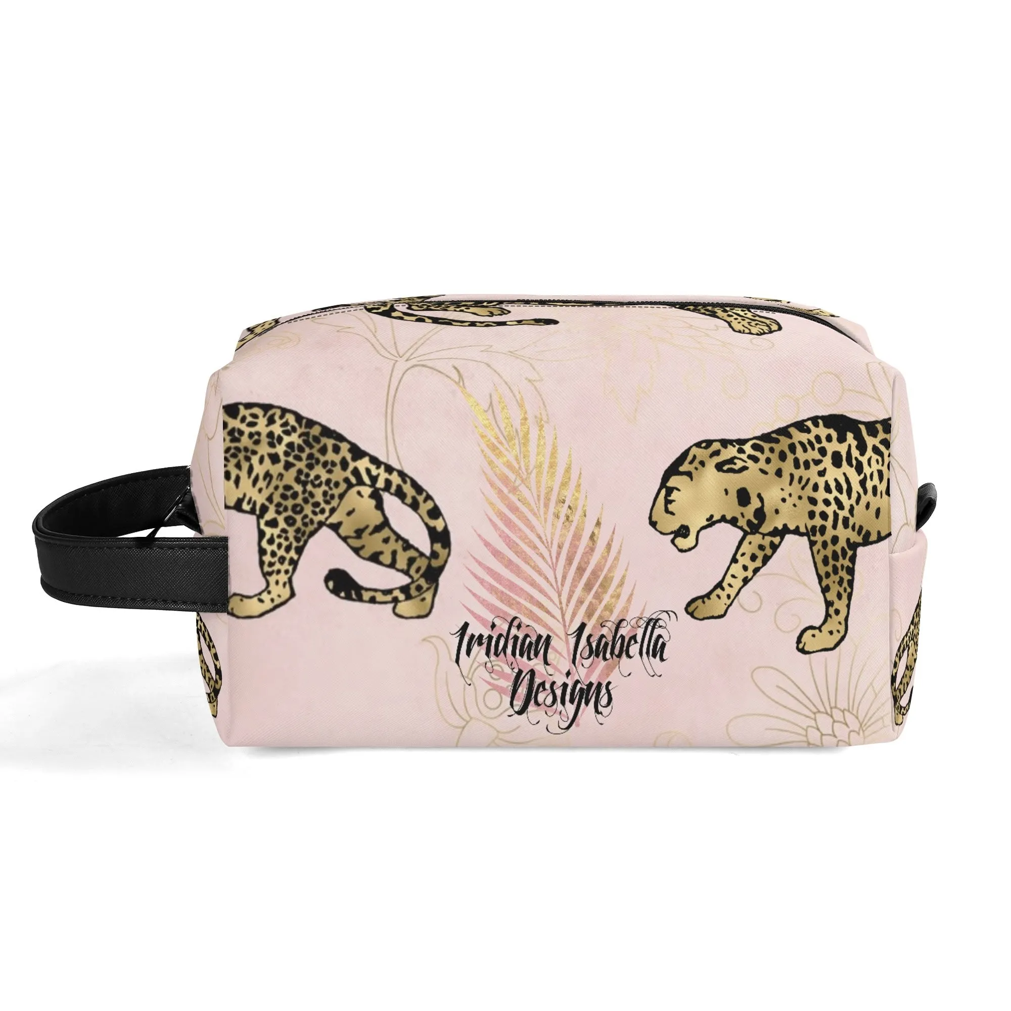 Leopard Print African Woman and Gold Leopard Graphic PU Leather Toiletries Bag