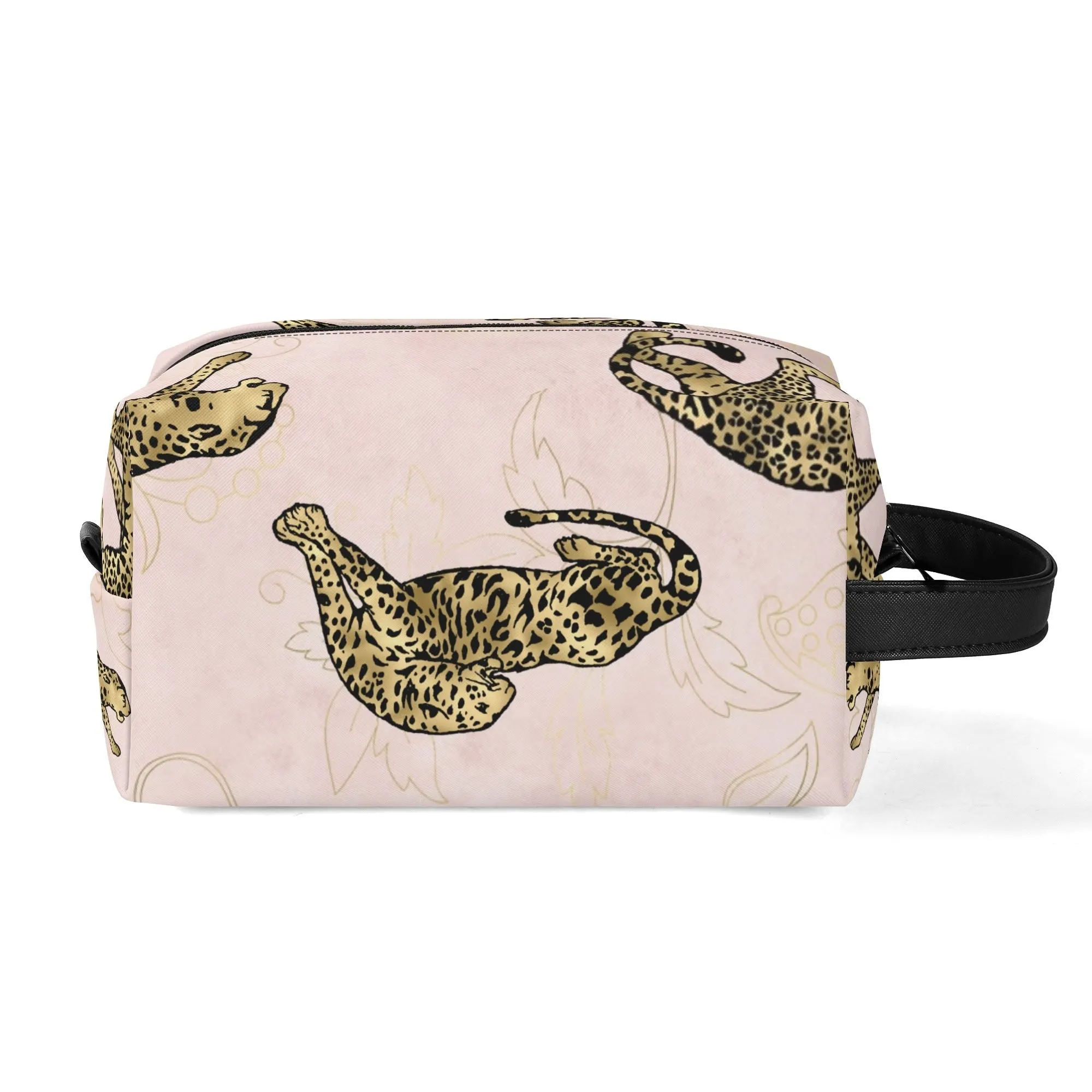 Leopard Print African Woman and Gold Leopard Graphic PU Leather Toiletries Bag