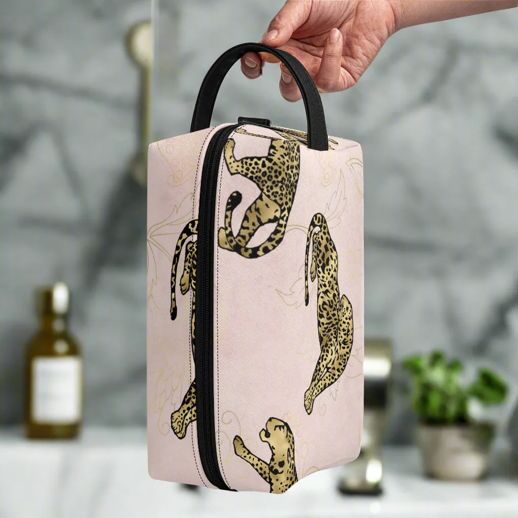 Leopard Print African Woman and Gold Leopard Graphic PU Leather Toiletries Bag