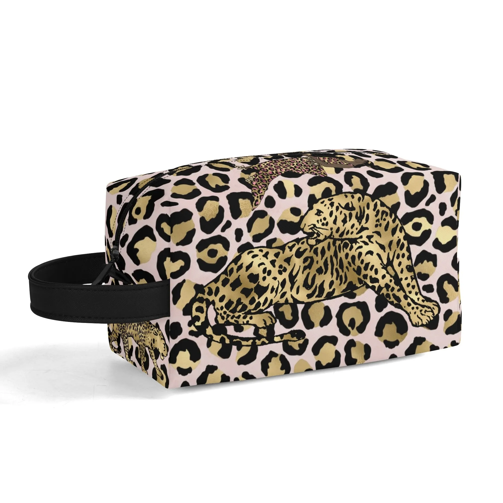 Leopard Print African Woman and Gold Leopard Graphic PU Leather Toiletries Bag