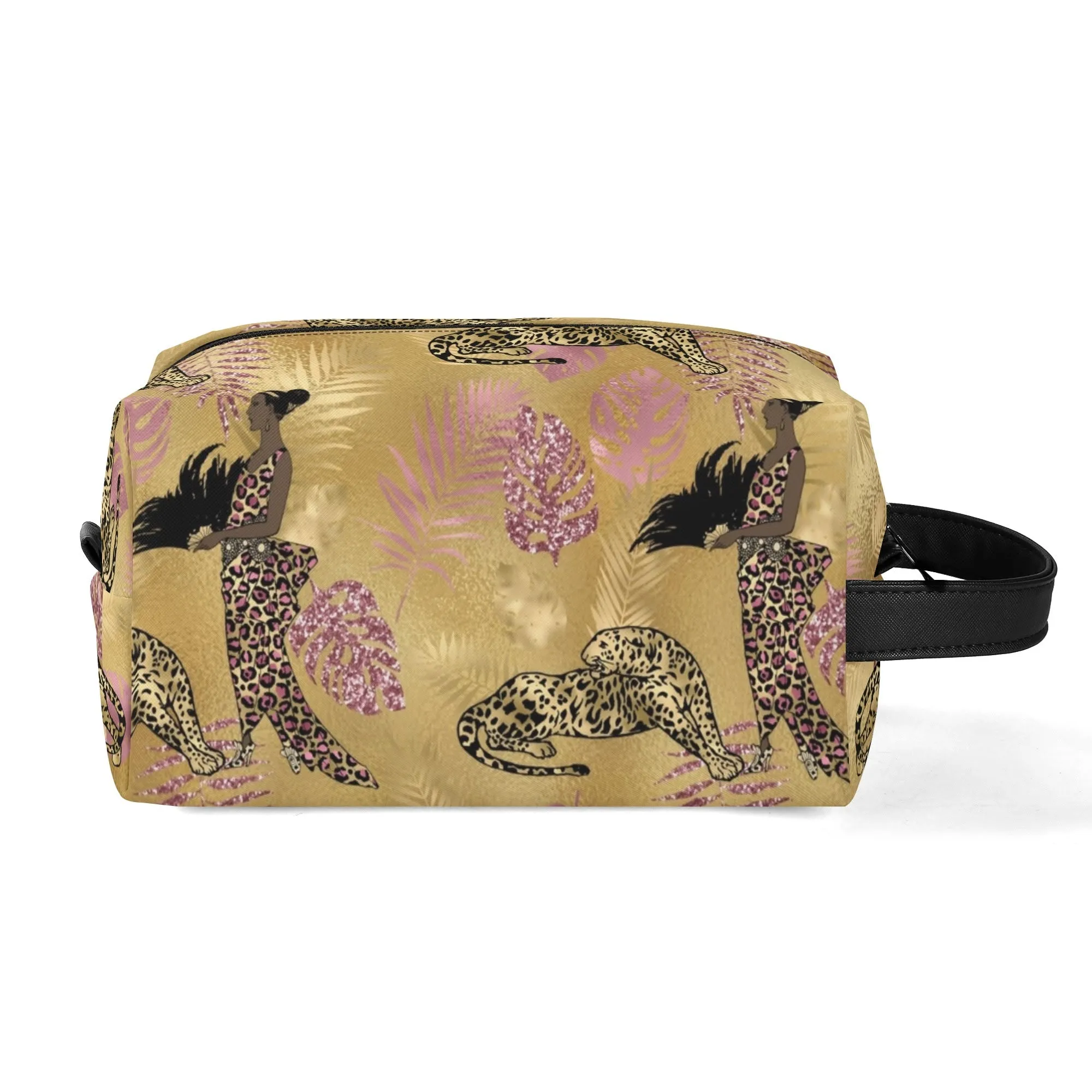 Leopard Print African Woman and Gold Leopard Graphic PU Leather Toiletries Bag