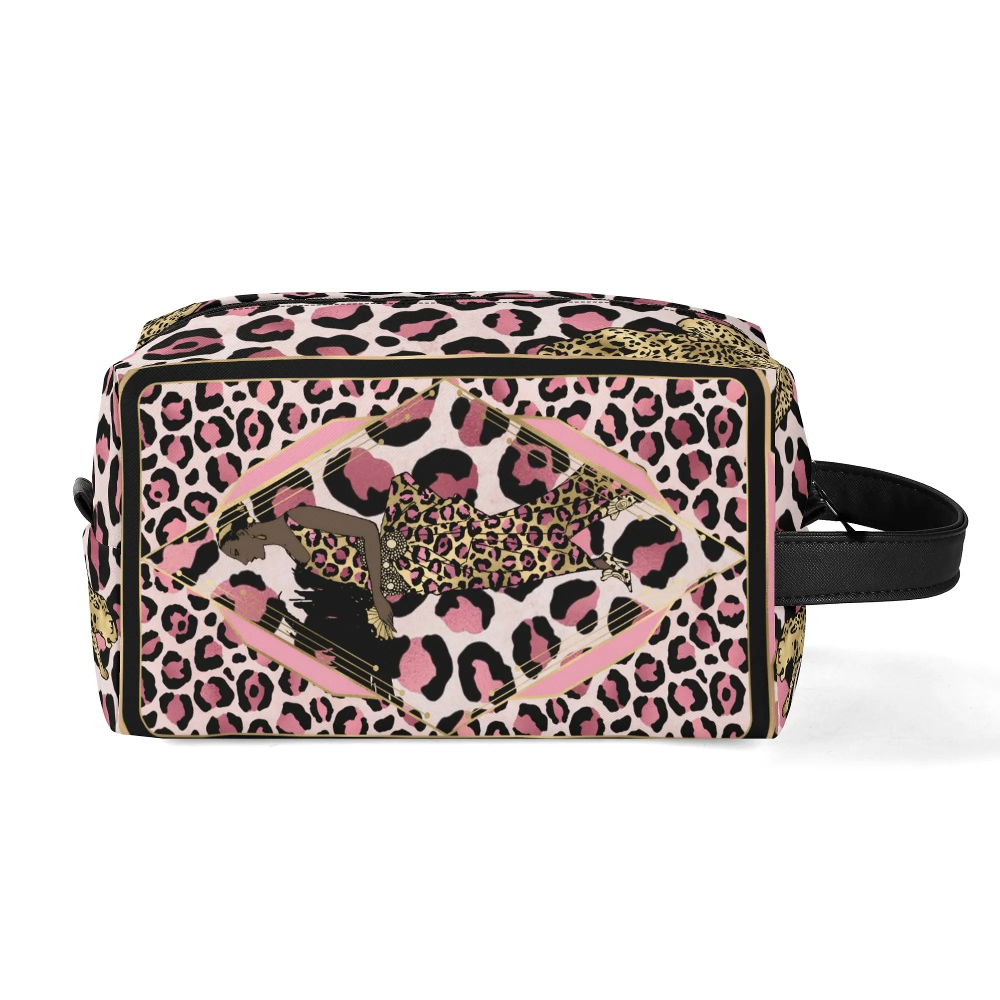 Leopard Print African Woman and Gold Leopard Graphic PU Leather Toiletries Bag