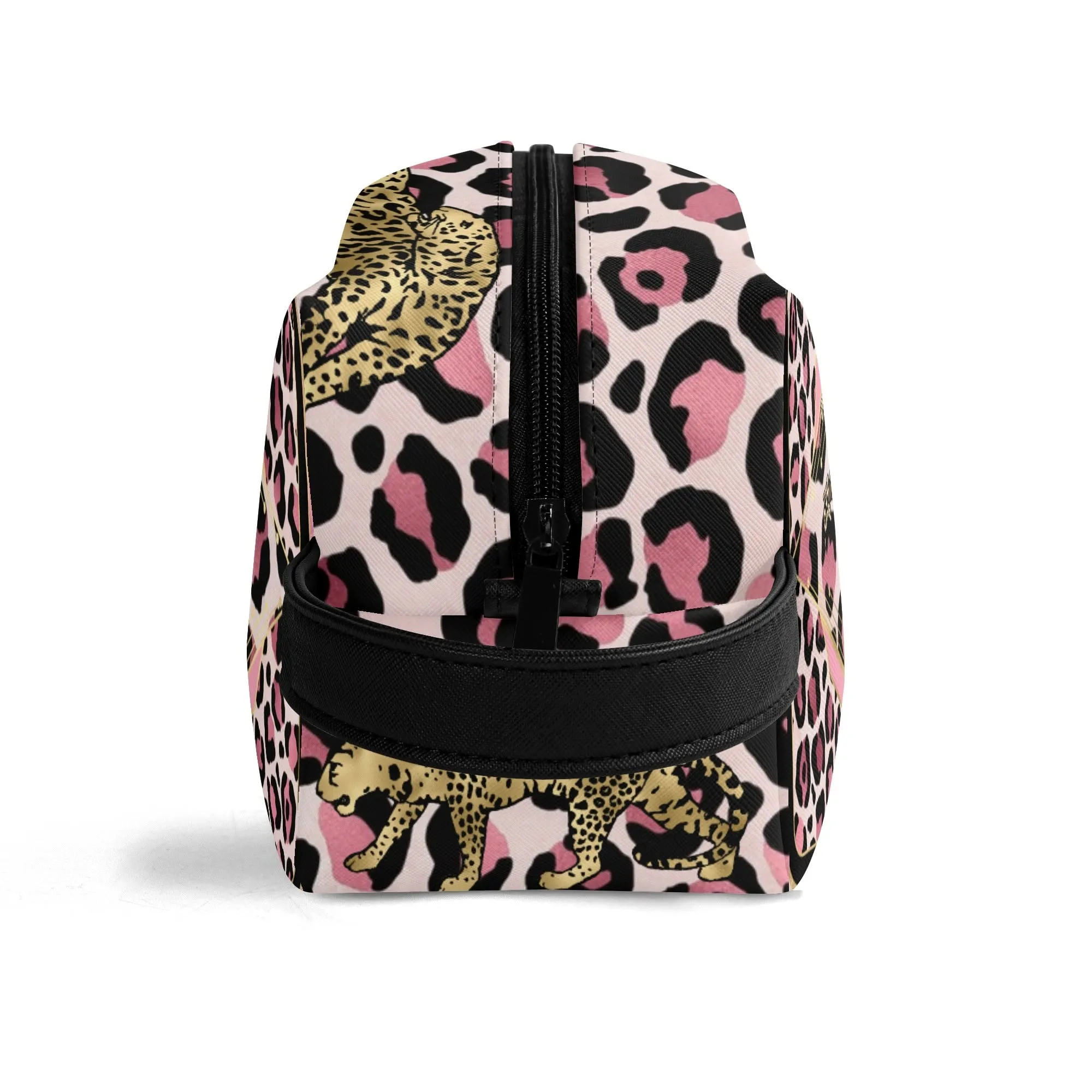 Leopard Print African Woman and Gold Leopard Graphic PU Leather Toiletries Bag