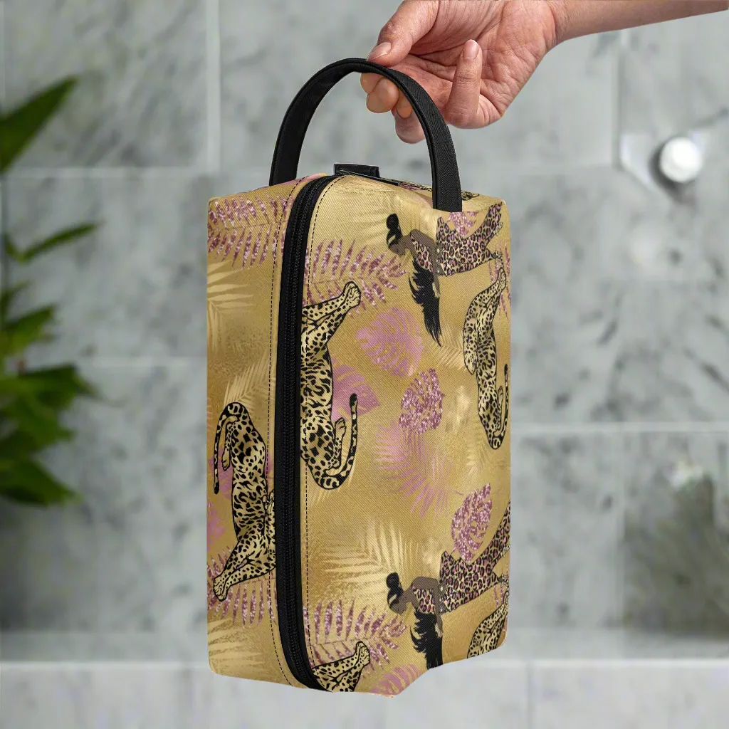 Leopard Print African Woman and Gold Leopard Graphic PU Leather Toiletries Bag