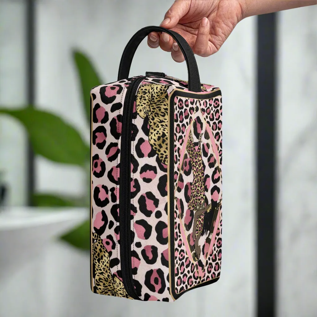 Leopard Print African Woman and Gold Leopard Graphic PU Leather Toiletries Bag